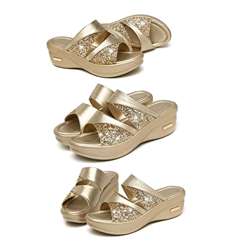 minkissy Damen Wedgesandalen Sommer mit Dicker Plateau Sohle Fischmaul Optik Bequeme Outdoor Pantoletten für Alltag und Strand Goldfarben von minkissy