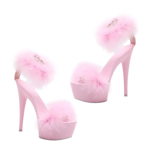 minkissy Damensandalen High Heels mit Federschmuck Hochhackige Sommerschuhe Damenmodisch Komfortabel Rutschfest Rosa von minkissy