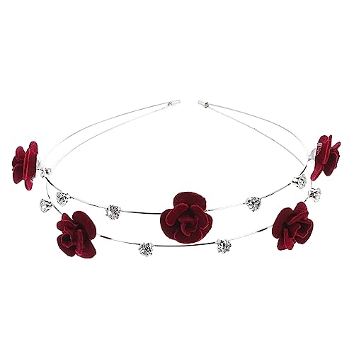 minkissy Doppellagiges Stirnband mit Strassblume Robuster Metall Haarreifen Weinrot Modischer Haarschmuck für Halloween Festliche Anlässe und Party Zierliches Design für Damen von minkissy