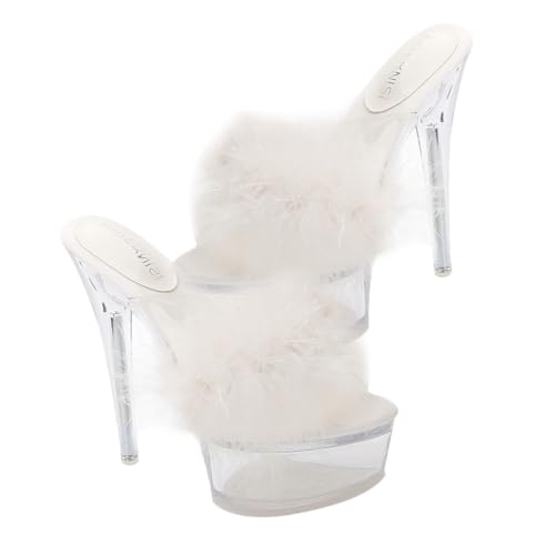 minkissy Fluffy High Heel Slippers Damen High Heels mit Dünnem Absatz und Transparentem Plateau Komfortable Sandaletten für Alltag und Party Stilvolle Pumps in Weiß von minkissy