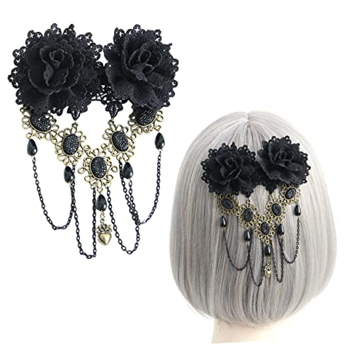 minkissy Rosen Haarklammer Mit Spitzen Handgefertigtes Schwarzes Haarschmuck Damen Blumen-haarspange Mit Tasseln Für Partys Und Hochzeiten von minkissy