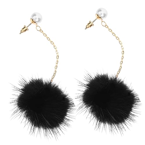minkissy Hängende Damenohrringe mit Perlen und Schwarzem Fellbommel Modischer Schmuck für Alltag Party Hochzeit Urlaub Stilvolles Accessoire für Eleganten Look von minkissy