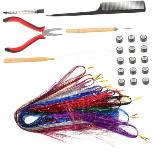 minkissy Hair Tinsel Kit mit Bunten Strähnen Silikonbuckeln und Holzgriff Häkelnadel Einfaches Einflechten Vielseitige Haarverlängerung für Styles und Kreative Haardekorationen von minkissy