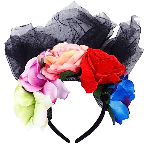 minkissy Halloween Rose Blumenkranz Stirnband Blumenkrone mit Schleier Schwarzer Schleier Halloween Tag der Toten Stirnband Kopfbedeckung Schmetterling Fascinator Halloween Schleier Rosen Europäisch von minkissy