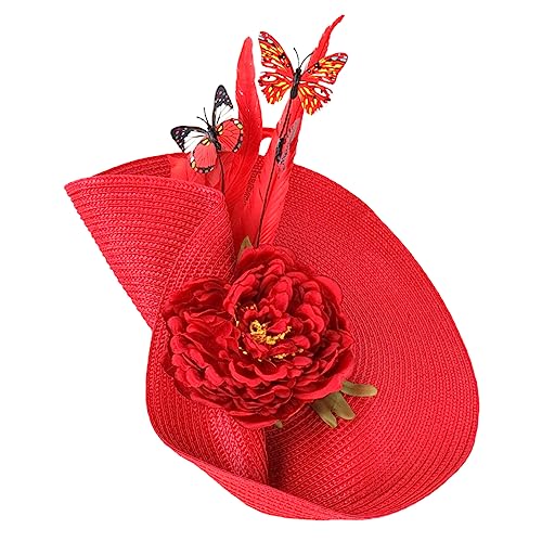 minkissy Damen Fascinator Hut Mit Schmetterling Haarschmuck Für Hochzeiten Teepartys Und Festlichkeiten Rote Blumendekoration Und Kunstfedern Leichtes Komfortables Design Für Stilvolle von minkissy
