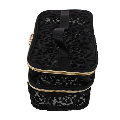minkissy Kompakte Make-up Tasche mit Doppeltem Fach Großer Kapazität Vielseitiger Kulturbeutel für Damen Netz-Organizer für Reisen Tägliche Kosmetik und Pflegeprodukte Schwarz-leopardmuster von minkissy