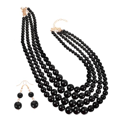 minkissy Mehrlagiges Perlen Schmuckset Damen Elegantes Halskette und Ohrringe Modischer Schmuck für Frauen für Valentinstag und Geburtstag Trendige Afro Braut Perlenkette Schwarz von minkissy