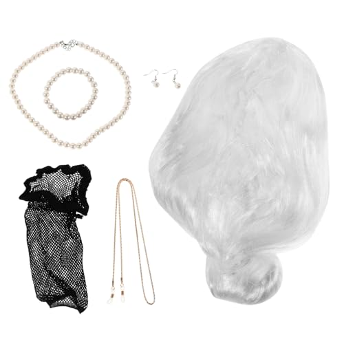 minkissy Old Lady Cosplay Set Graue Dutt Perücke für Damen Realistische Frisur Leichtes Atmungsaktives Material mit Brillenkette Halskette Armband Ohrringe für Halloween Kostüm von minkissy