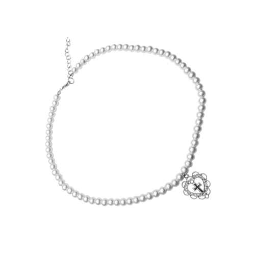 minkissy Perlenkette Damen Herz Anhänger Halskette mit Hohlkreuz Design Silberfarbene Clavicle Kette Leicht und Elegant für Alltag und Festtage von minkissy