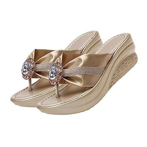 minkissy Rhinestone Beach Slippers Damen Sandalen mit Dicker Sohle Glitzernde Sommerschuhe Leicht und für Strand und Freizeit Modisch und Hautfreundlich in Gold von minkissy