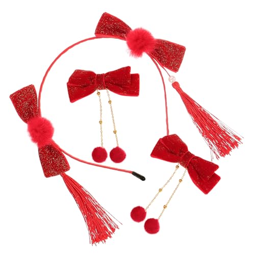 minkissy Rotes Chinesisches Stirnband mit Goldglänzender Schleife und Felltasseln Dekorativer Haarklammer Mädchen Leichter Eleganter Haarschmuck zum Frühlingsfest von minkissy