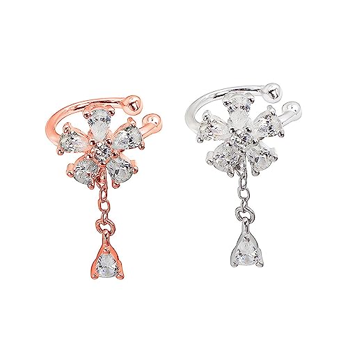 minkissy Silber Ohrclips mit Zirkonia Blütenmotiv Damen Ohrschmuck Ohrlöcher Leichter Ear Drop für Alltag und Party Ohrclips Roségold Eleganter Ear Dangler Schmuck von minkissy