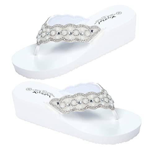 minkissy Sommer Damen Badeschuhe mit Perlen und Wasserdiamant Rutschfeste Outdoor Strand Schuhe Bequeme Keilabsatz Flip Flops Weiße Sandalen Atmungsaktiv und Langlebig von minkissy