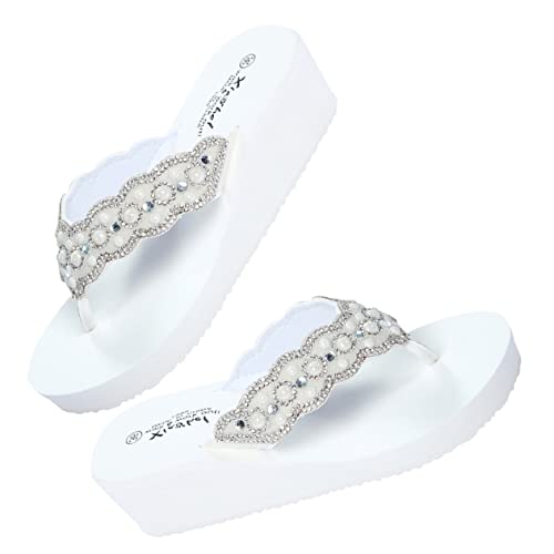 minkissy Sommer Damen Perlenschuhe Strandpantoffeln mit Rutsch Sohle Bequeme Sandalen mit Angenehmer Steigung Weiße Flops für Outdoor und Strand Rutschfeste Hausschuhe von minkissy