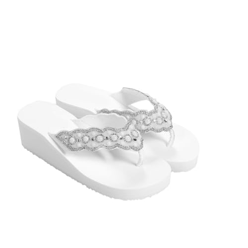 minkissy Sommer Damen Sandalen mit Perlen und Strass Rutschfeste Keilabsatz Strand Schuhe Bequeme Outdoor Flops Weiße Plateau Pantoletten von minkissy