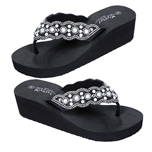 minkissy Sommer Damen Sandalen mit Perlen und Strass Rutschfeste Plateau Flip Flops Bequeme Strand Schuhe Leichter Keilabsatz Zehentrenner Schwarz von minkissy