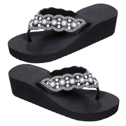 minkissy Sommer Damen Sandalen mit Perlen und Strasssteinen Rutschfeste Keilabsatz Beach Shoes Komfortable Plateau Zehentrenner für Strand und Freizeit Schwarzes Modell minkissy Sommer Damen Sandalen mit Perlen und Strasssteinen Rutschfeste Keilabsatz Beach Shoes Komfortable Plateau Zehentrenner für Strand und Freizeit Schwarzes Modell von minkissy