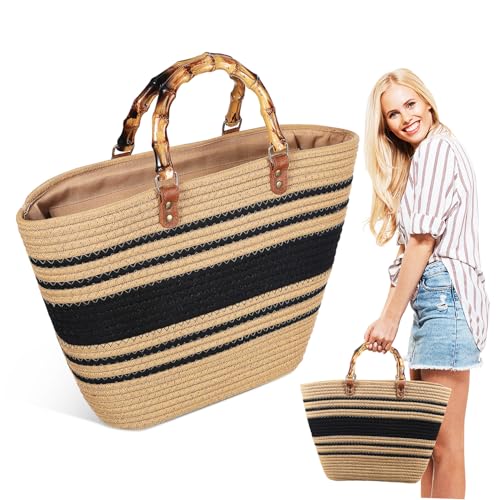 minkissy Sommerliche Handgewebte Tote Bag Damen Strandtasche Stroh Beach Bag für Reisen Alltag Urlaub Modische Leichte Handtasche für Freizeit und Shopping von minkissy