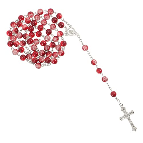 minkissy Taufschmuck Rosary Halskette mit Kreuzanhänger Taufe Rote Perlen Langlebig für Shower und Erstkommunion Robustes Legierungsmaterial Detailverliebt Verarbeitet von minkissy