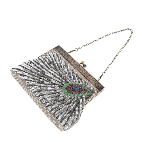 minkissy Vintage Perlenbesetzte Abendtasche mit Pfauenmotiv Handgefertigte Clutch für Damen Glitzernde Crossbody Tasche Stilvolle Handtasche für Hochzeit Party und Ball Silberfarben von minkissy