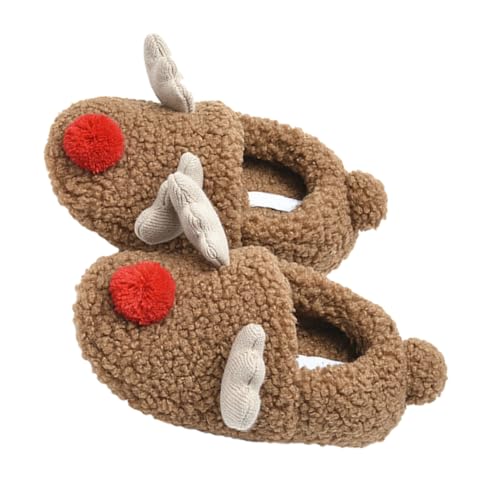 minkissy Warme Damen Hausschuhe mit Fersenabdeckung Weiche Rutschfeste Indoor Pantoffeln mit Elchmotiv Gemütliche Winter Wohnungsschlappen für Kalte Füße Braun von minkissy