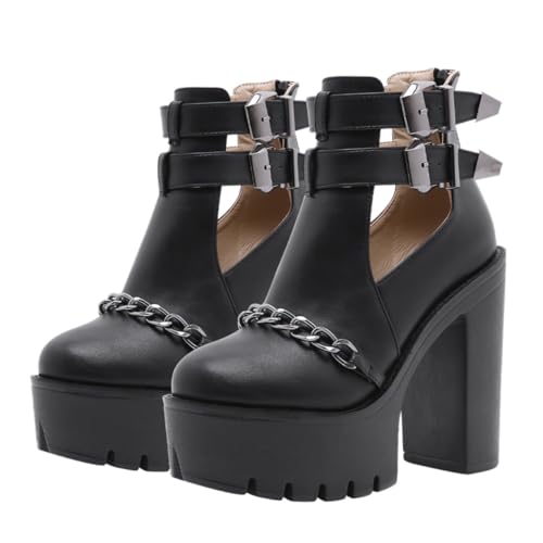 minkissy Wasserdichte Damen Ankle Boots mit Nieten und Ketten Dicke Plateau Absatz Stiefeletten Atmungsaktiv Rutschfest Modisch für Alltag und Party Schwarz von minkissy