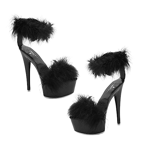 minkissy Wasserdichte High Heels Sandalen Damen Schwarze Plateau Sommer Schuhe mit Federdetail und Rutschfester Sohle von minkissy