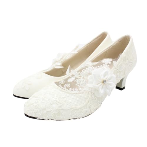 minkissy Weiße Damen Hochzeitsschuhe mit Blockabsatz Romantische Spitzenslipper Komfortable Halbschuhe für Party Business und Formelle Anlässe Leicht und Langlebig von minkissy