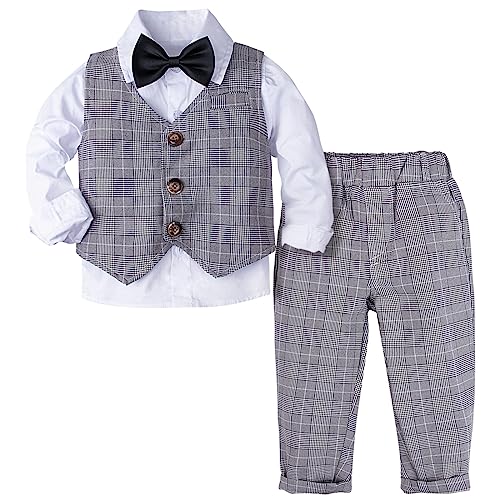 mintgreen 4PCS Kleinkinder Baby Jungen Gentleman Outfit Bekleidungsset Smoking Anzug Overall, Grau Plaid, 18-24 Monate, 90 von mintgreen