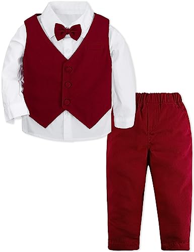 mintgreen Baby Anzug Junge, 3 Stück Gestreift Outfit Hochzeit Gentleman Kleiderset Lange Ärmel Hemd + Weste + Hosen + Krawatte, Burgund, 2-3 Jahre, 100 von mintgreen