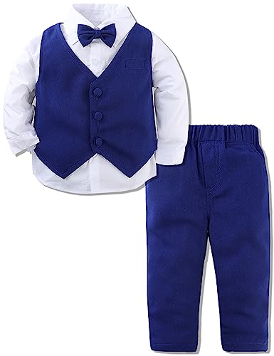 mintgreen Baby Anzug Junge, 3 Stück Gestreift Outfit Hochzeit Gentleman Kleiderset Lange Ärmel Hemd + Weste + Hosen + Krawatte, Einfarbig Blau, 12-18 Monate, 80 von mintgreen