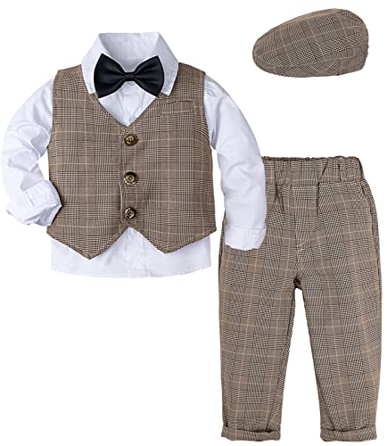 mintgreen Baby Anzug Junge, Hochzeit Taufe Smoking Gentleman Outfits mit Kappe, Khaki Plaid, 3-4 Jahre, 110 von mintgreen