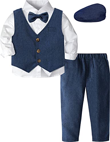 mintgreen Baby Anzug Junge, Hochzeits Fischgräten Tauf Outfits Gentleman Smoking mit Mütze, Blau, 3-4 Jahre, 110 von mintgreen