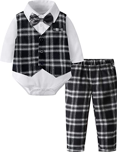 mintgreen Baby Anzug Junge Hochzeit, Gentleman Body Weste Plaid Kleidung, Schwarz, 12-18 Monate, 90 von mintgreen