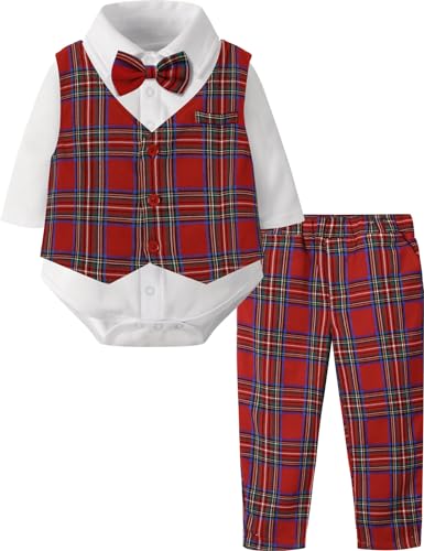 mintgreen Baby Anzug Junge Hochzeit, Gentleman Weihnachten Body Weste Bekleidungssets, Rot Kariert, 12-18 Monate, 90 von mintgreen