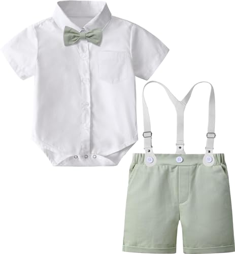 mintgreen Baby Boy Anzüge Ostern Outfit Hochzeit Gentleman kurze Ärmel Shirt Shorts Set mit Fliege Hosenträger Kleidung, Grün, 6-9 Monate, 70 von mintgreen