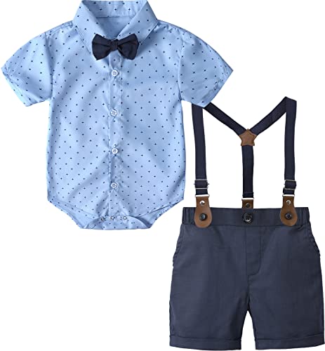 mintgreen Baby Junge Anzüge Ostern Outfit Gentleman Kurzärmeliges Hemd Hose Satz mit Fliege Hosenträger, Blau, 6-9 Monate, 70 von mintgreen