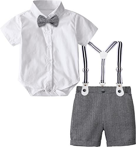 mintgreen Baby Junge Anzüge Ostern Outfit Gentleman Kurzärmeliges Hemd Hose Satz mit Fliege Hosenträger, Dunkel Grau, 6-9 Monate, 70 von mintgreen