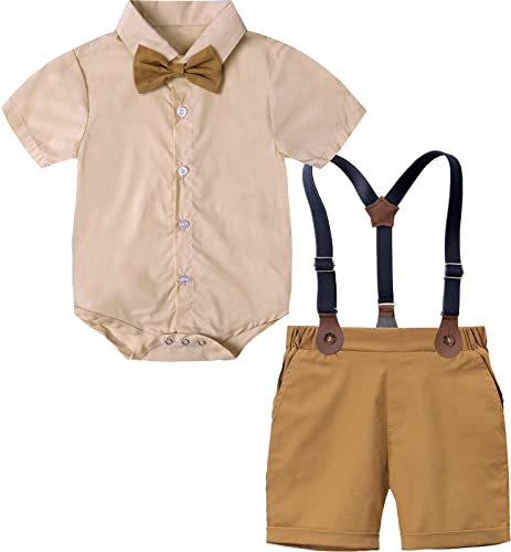 mintgreen Baby Junge Anzüge Ostern Outfit Gentleman Kurzärmeliges Hemd Hose Satz mit Fliege Hosenträger, Khaki, 6-9 Monate, 70 von mintgreen