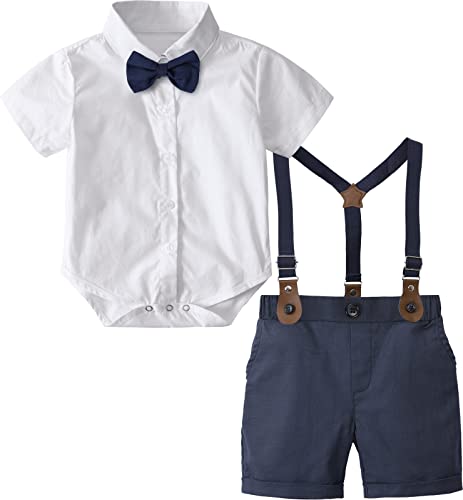 mintgreen Baby Junge Anzüge Ostern Outfit Gentleman Kurzärmeliges Hemd Hose Satz mit Fliege Hosenträger, Weiß, 3-6 Monate, 60 von mintgreen