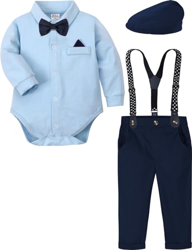 mintgreen Baby Junge Anzug Gentleman Hochzeit Kleidung Formell Hemd Set Hosenträger Fliege mit Hut, Blau, 6-9 Monate, 70 von mintgreen
