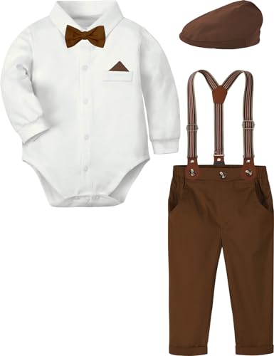 mintgreen Baby Junge Anzug Gentleman Hochzeit Kleidung Formell Hemd Set Hosenträger Fliege mit Hut, Braun, 12-18 Monate, 90 von mintgreen