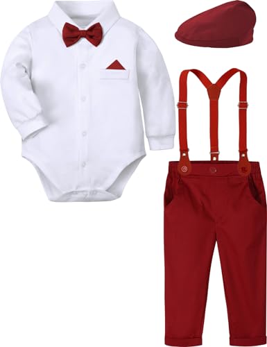 mintgreen Baby Junge Anzug Gentleman Hochzeit Kleidung Formell Hemd Set Hosenträger Fliege mit Hut, Rot, 3-6 Monate, 60 von mintgreen