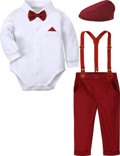 mintgreen Baby Junge Anzug Gentleman Hochzeit Kleidung Formell Hemd Set Hosenträger Fliege mit Hut, Rot, 9-12 Monate, 80 von mintgreen