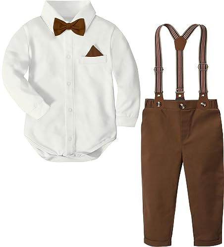 mintgreen Baby Junge Anzug Strampler Outfit Bodysuit Gentleman Hochzeit Shirt Set, Weiß & Braun, 9-12 Monate, 80 von mintgreen