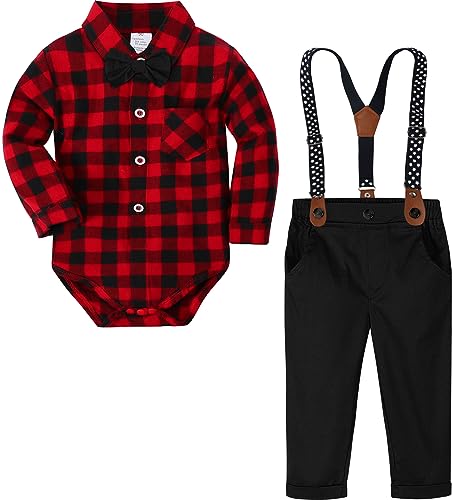 mintgreen Baby Junge Anzug Weihnachten Outfit Bodysuit Gentleman Kariert Shirt Set Schwarz & Rot, 3-6 Monate, 60 von mintgreen