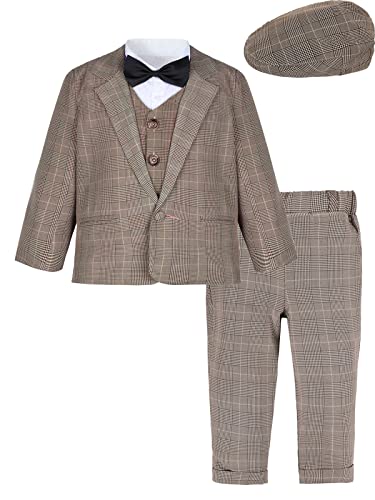 mintgreen Baby Junge Formal Hochzeit Anzüge Taufe Tuxedo Blazer Outfit 5PCS Satz, Khaki Plaid, 18-24 Monate, 90 von mintgreen