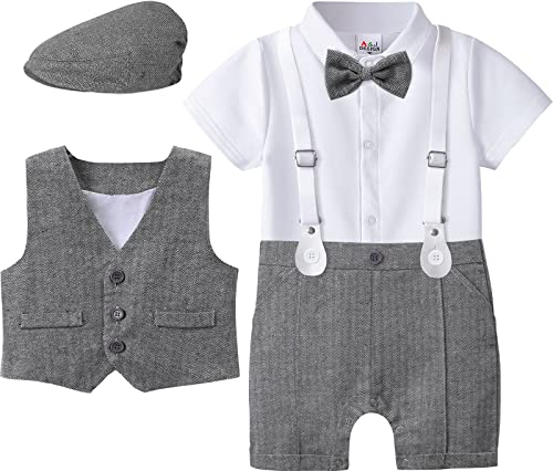 mintgreen Baby Junge Hochzeit Anzug Taufe Jumpsuit Kurze Ärmel Outfit Barette Hut, Dunkles Gery, 12-18 Monate, 90 von mintgreen