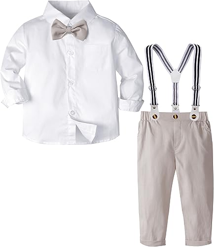 mintgreen Baby Junge Hochzeit Outfits 4Tlg Kleinkind Geburtstag Anzug Langarm Feste Hemden + Hosen + Hosenträger + Fliege, Mandelweiß, 18-24 Monate, 90 von mintgreen