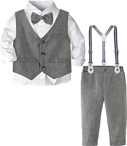 mintgreen Baby Junge Kleidung Formal Hochzeit Anzug Gentleman Weste Outfit Taufe Hosenträger Fliege Satz, Dunkel Grau, 18-24 Monate, 90 von mintgreen